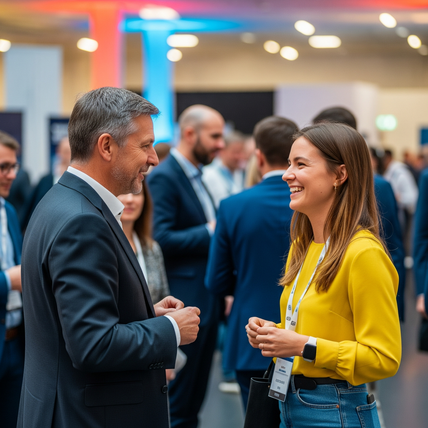 Two people engaged in conversation at a networking event with blurred background