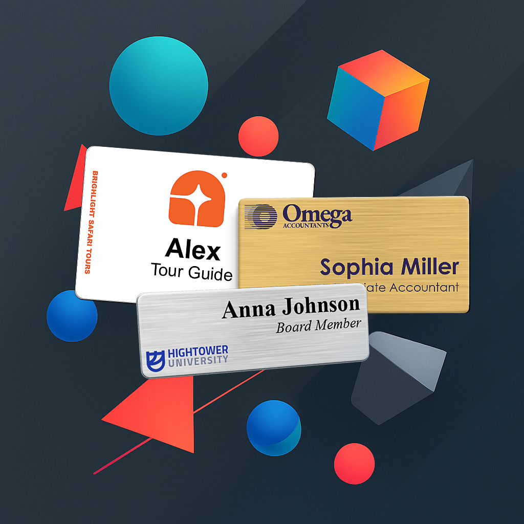 Three name badges with different text and logos on a dark background with geometric shapes.