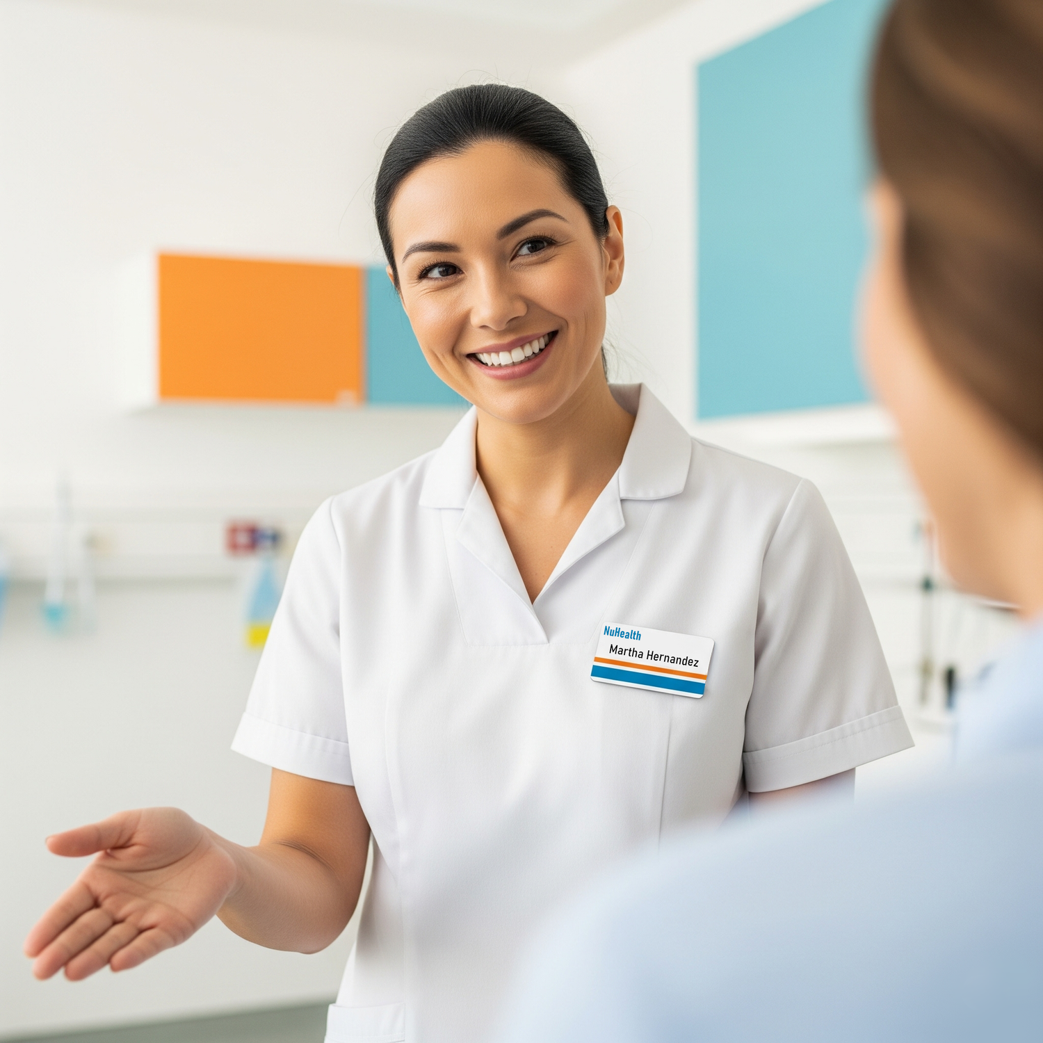 Nurse in a white uniform with a name tag, smiling and extending a hand in a medical setting.