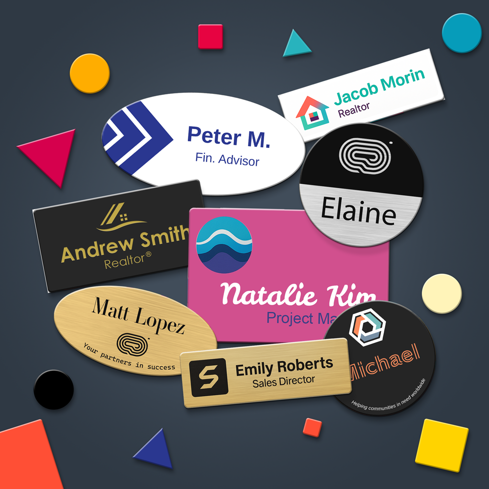 Collection of name badges with various designs and text on a white background