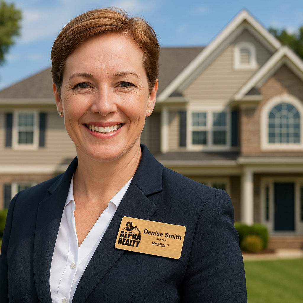 Real estate agent standing in front of a house with a name tag on