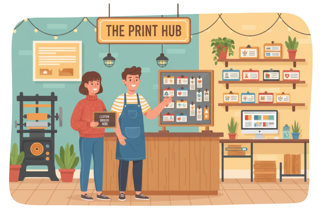 Illustration of a print shop named 'The Print Hub' with two people standing inside.